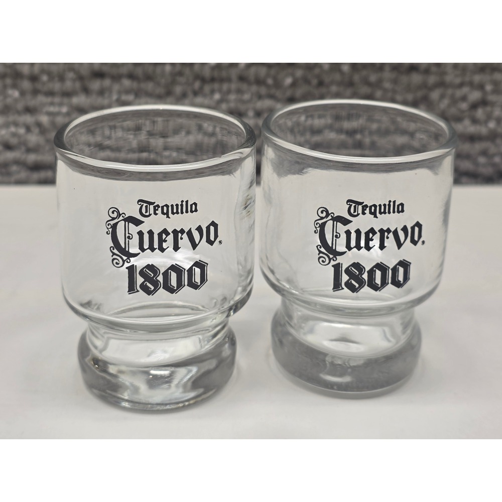 Set of 2 Tequila Cuervo 1800 Shot Glasses Heavy Base Clear Glass Barware Vintage
